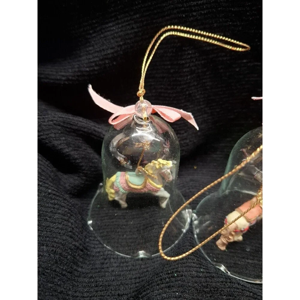 Vintage Clear Glass Bell Ornaments Carousel Horse Clapper Set 3 Christmas 3
